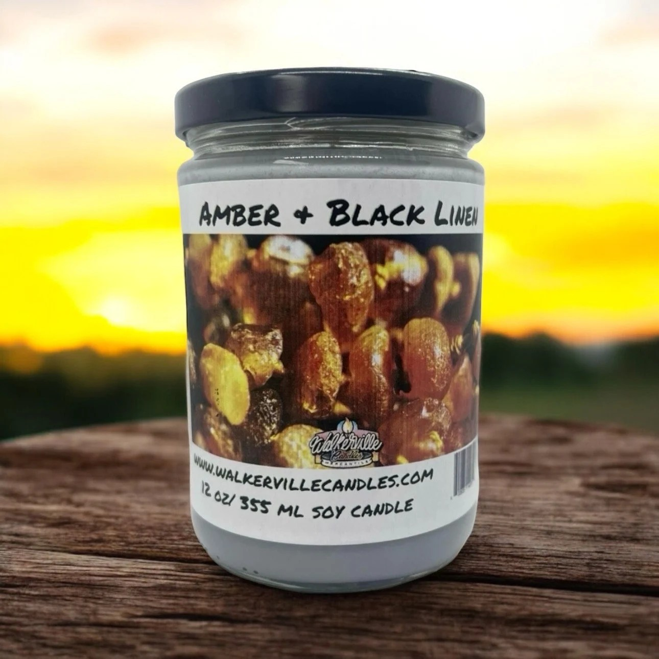 Amber & Black Linen Vegan Coconut Soy 12 oz/ 355 ml Candle Hand-poured, Eco-friendly, Clean Burning, Woodsy/ Clean