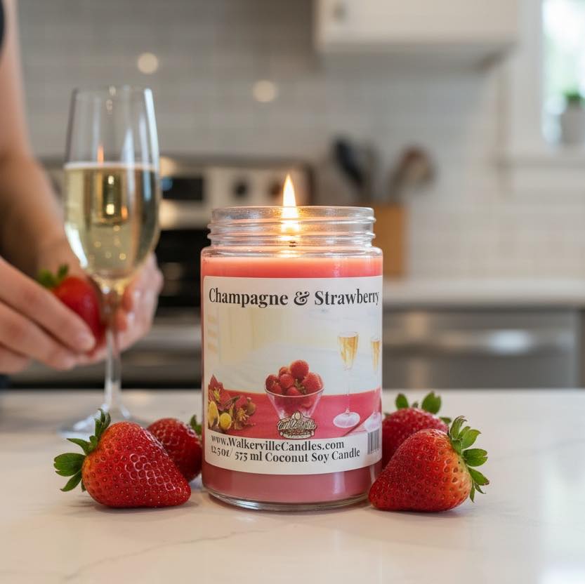 Champagne & Strawberries Coconut Soy 12.5 oz/ 375 ml Candle Wood Wick - Walkerville Candles