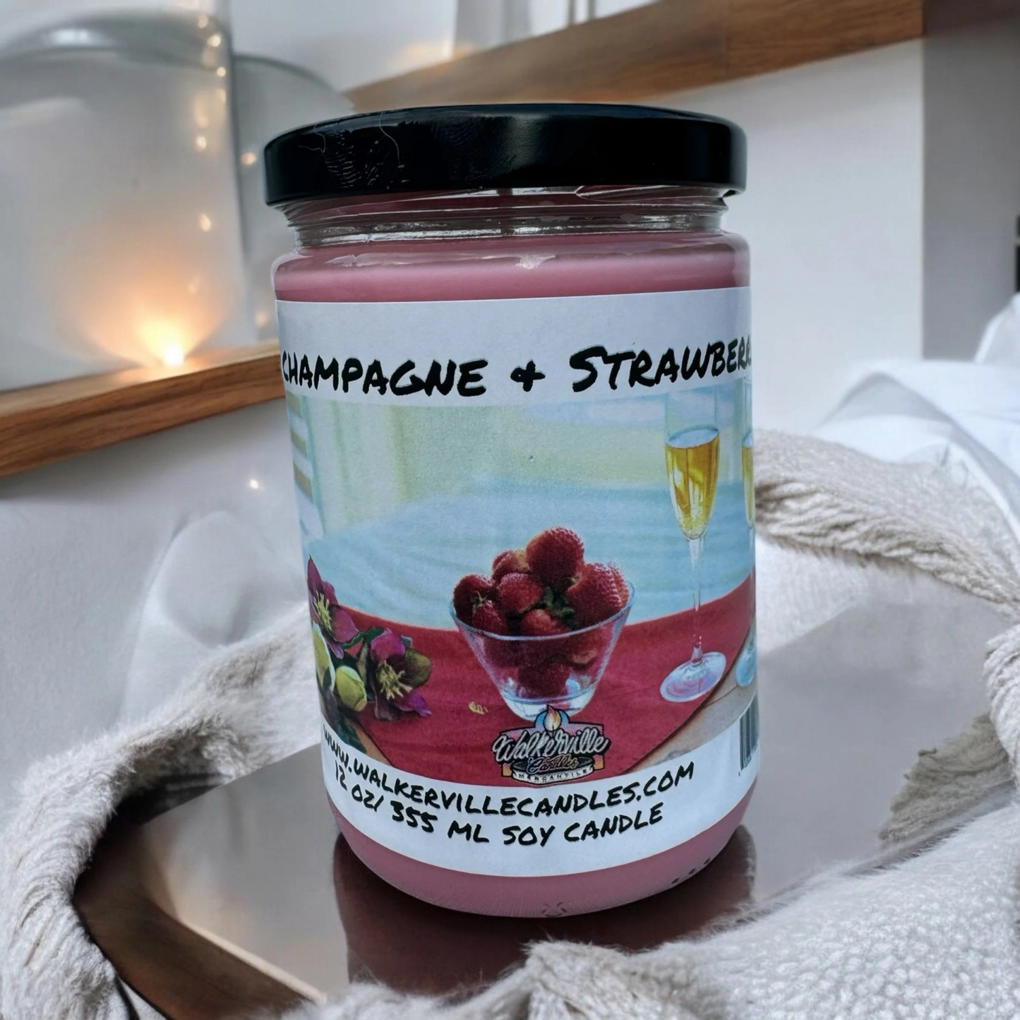 Champagne & Strawberries 100% Coconut Soy Eco-friendly 12 oz Candle