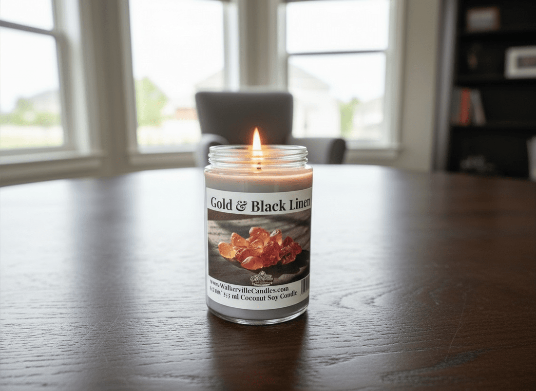 Gold & Black Linen Coconut Soy 12.5 oz/ 375 ml Candle Wood Wick - Walkerville Candles