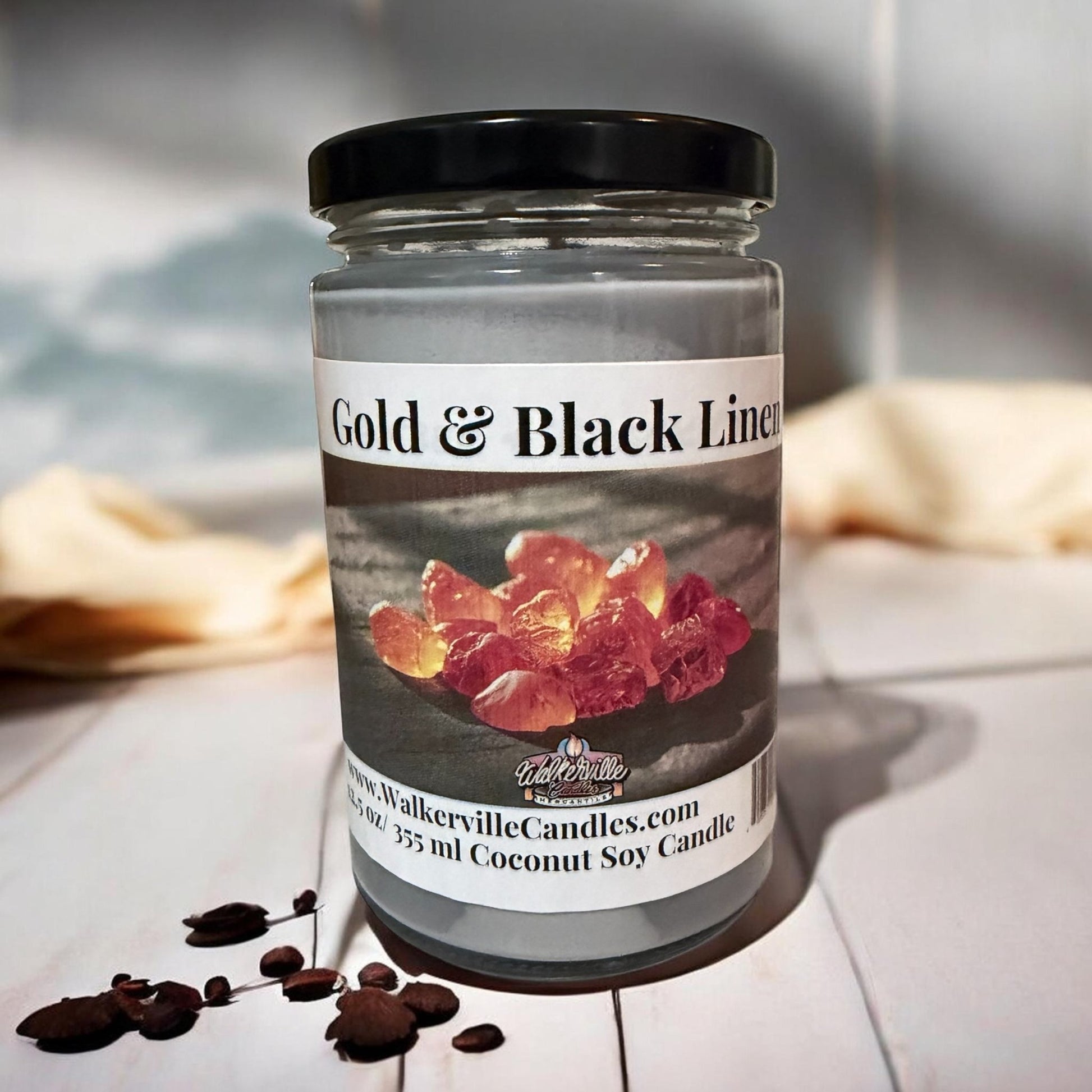 Gold & Black Linen Coconut Soy 12.5 oz/ 375 ml Candle Wood Wick - Walkerville Candles