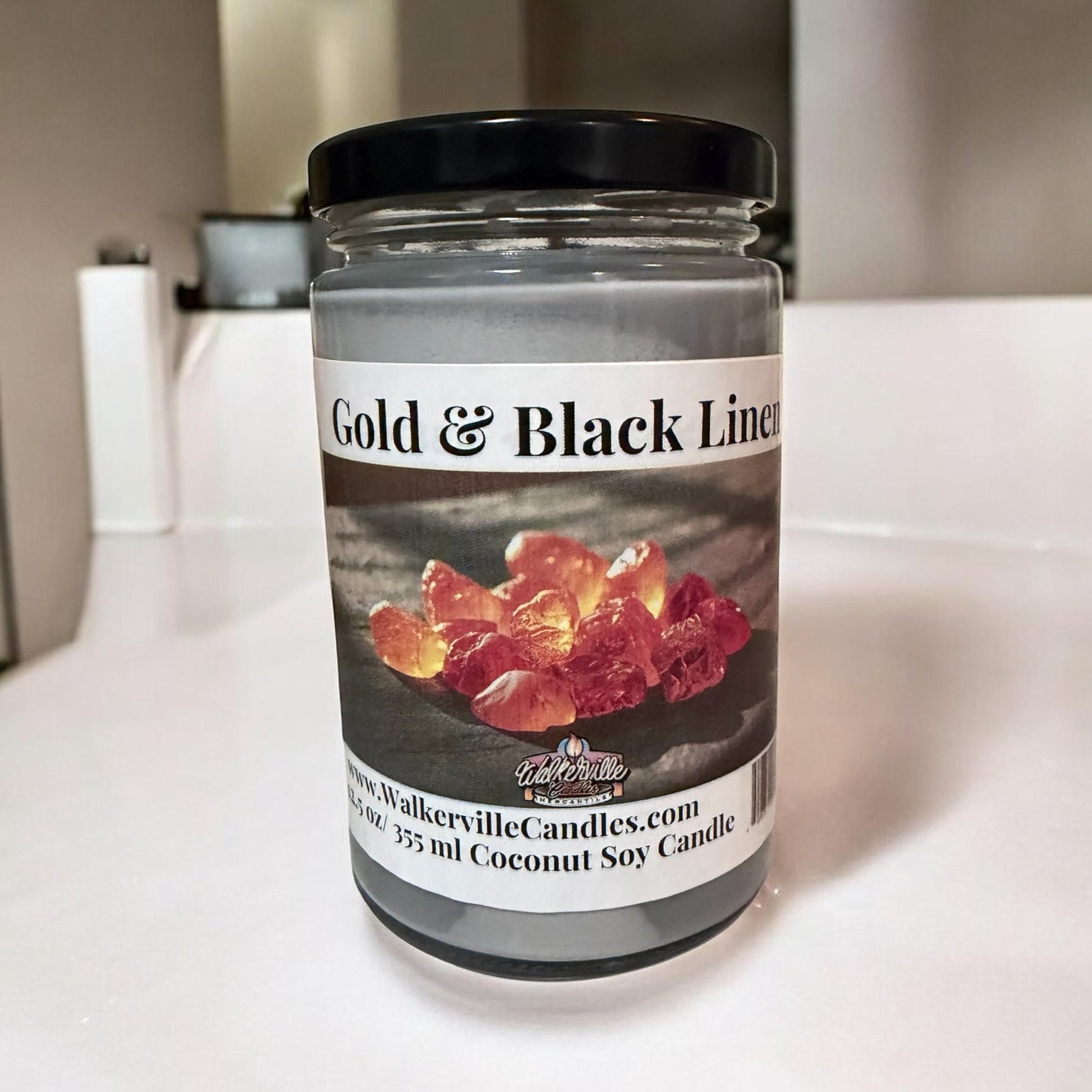 Gold & Black Linen Coconut Soy 12.5 oz/ 375 ml Candle Wood Wick - Walkerville Candles