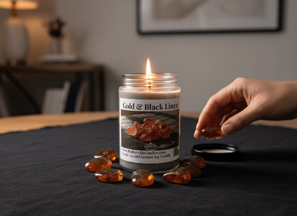 Gold & Black Linen Coconut Soy 12.5 oz/ 375 ml Candle Wood Wick - Walkerville Candles