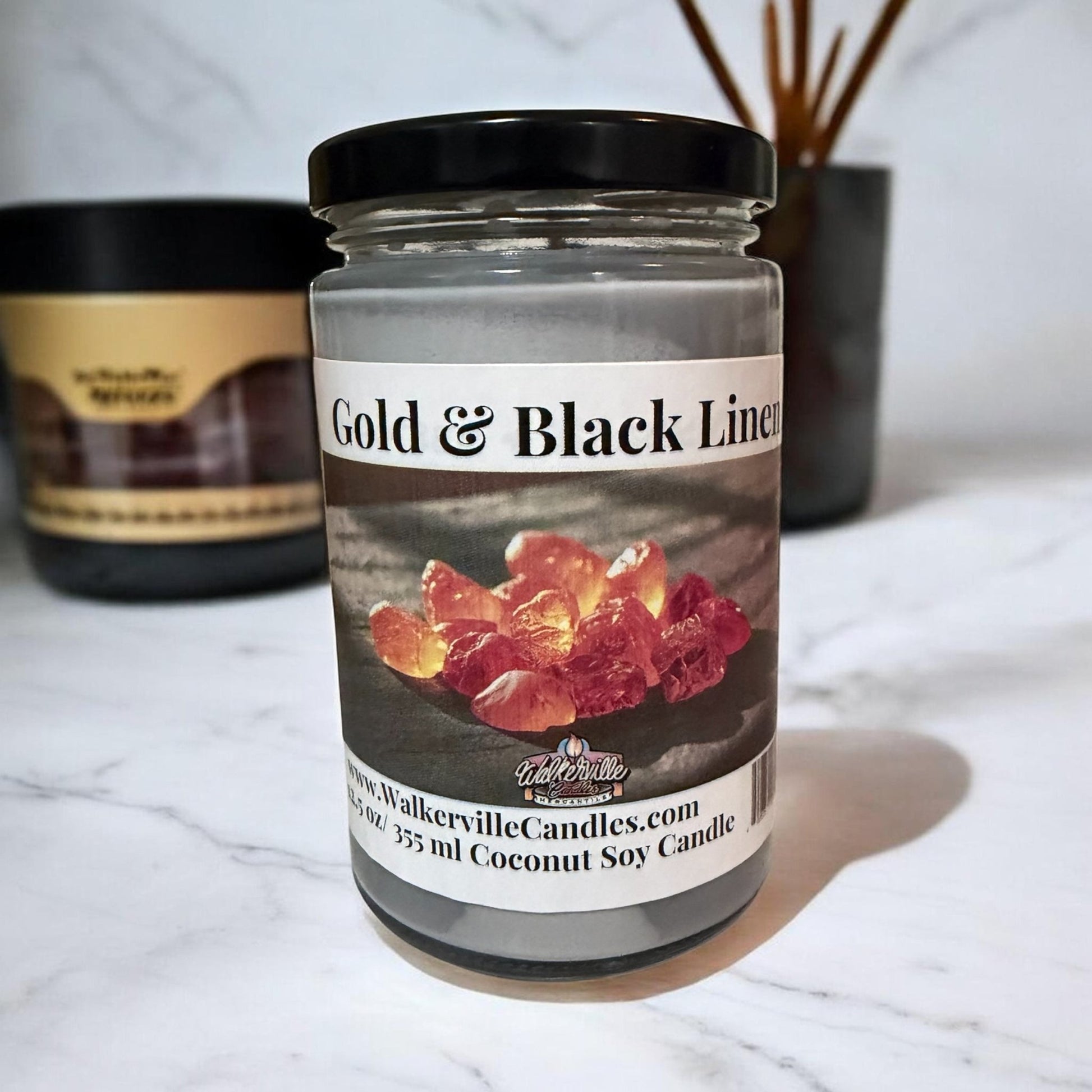 Gold & Black Linen Coconut Soy 12.5 oz/ 375 ml Candle Wood Wick - Walkerville Candles