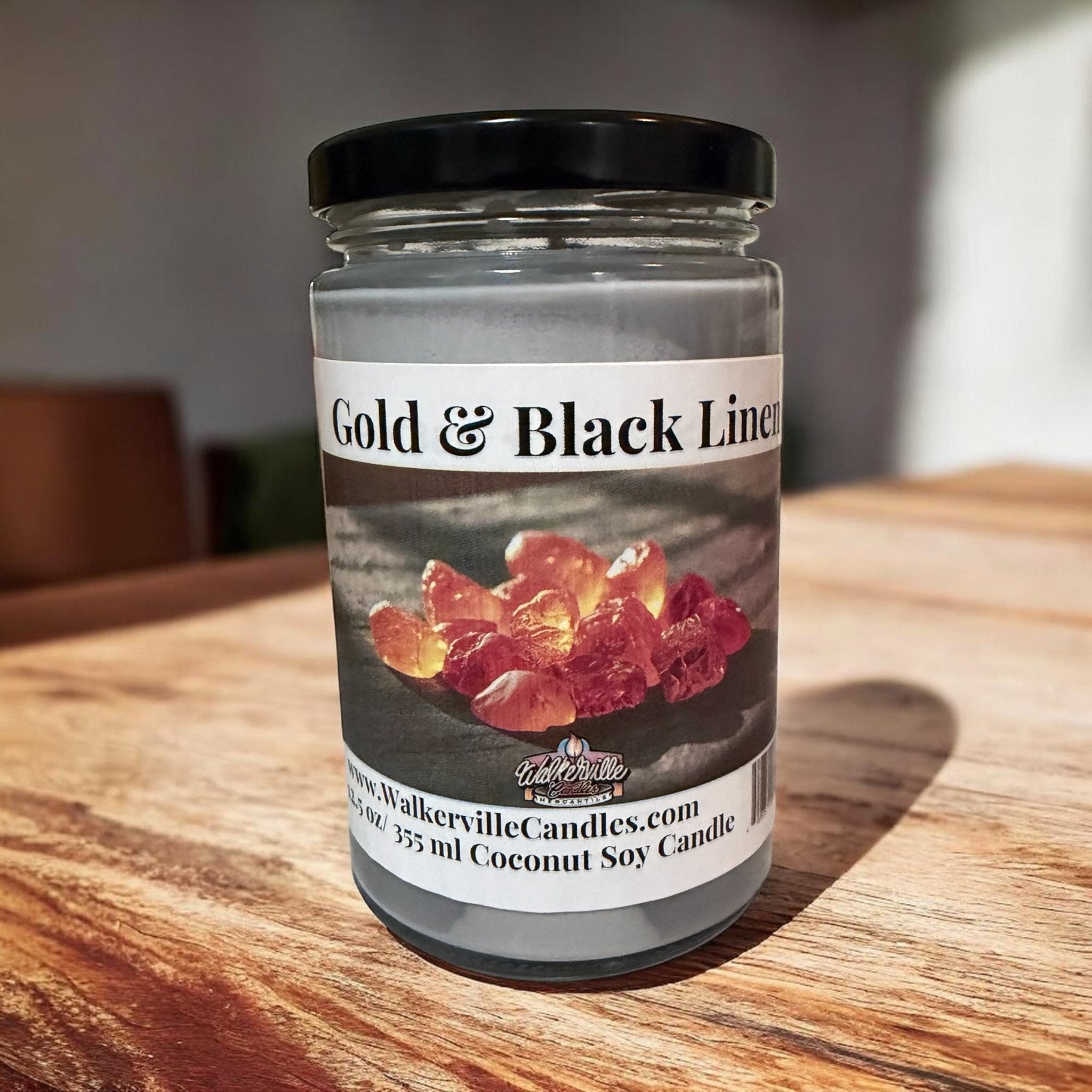 Gold & Black Linen Coconut Soy 12.5 oz/ 375 ml Candle Wood Wick - Walkerville Candles