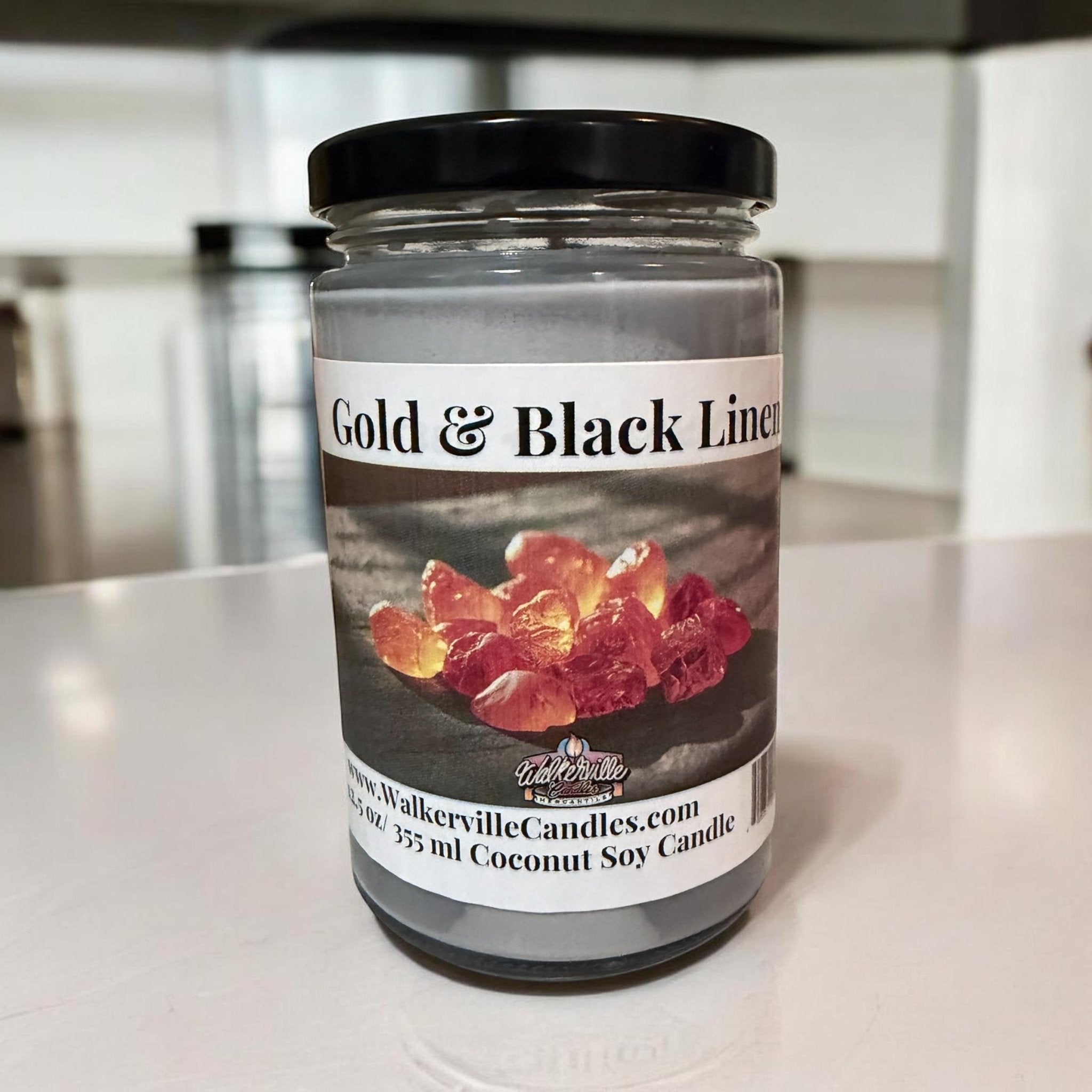 Gold & Black Linen Coconut Soy 12.5 oz/ 375 ml Candle Wood Wick - Walkerville Candles