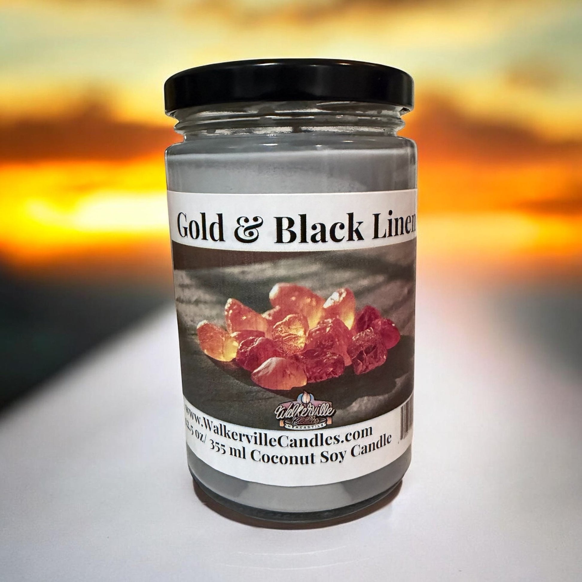 Gold & Black Linen Coconut Soy 12.5 oz/ 375 ml Candle Wood Wick - Walkerville Candles