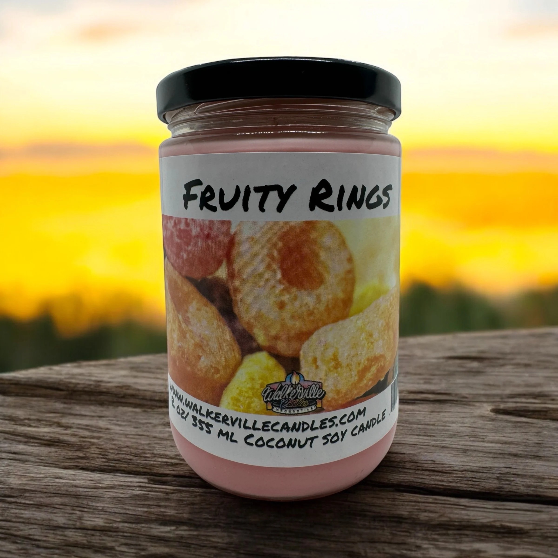 Fruity Rings Vegan Coconut Soy 12 oz/ 355 ml Candle Hand-poured, Eco-friendly, Clean Burning, Bakery, Food, Drink Wood Wick