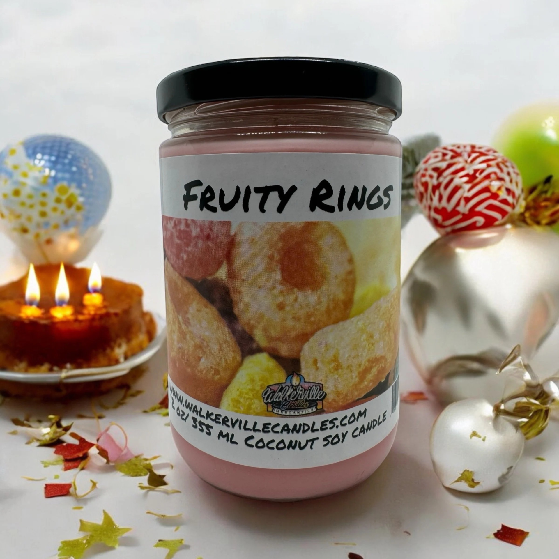 Fruity Rings Vegan Coconut Soy 12 oz/ 355 ml Candle Hand-poured, Eco-friendly, Clean Burning, Bakery, Food, Drink Wood Wick