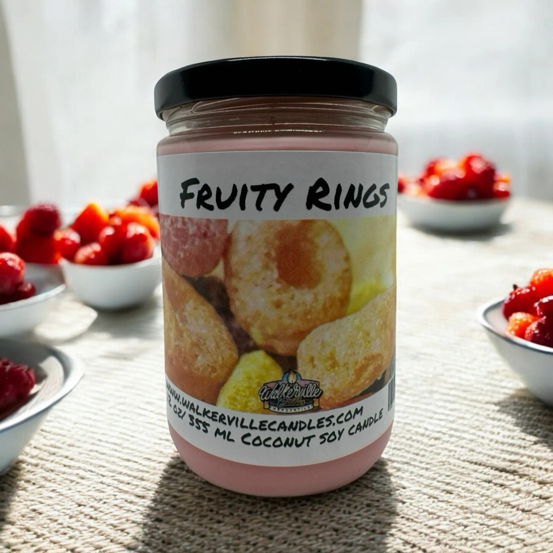 Fruity Rings Vegan Coconut Soy 12 oz/ 355 ml Candle Hand-poured, Eco-friendly, Clean Burning, Bakery, Food, Drink Wood Wick